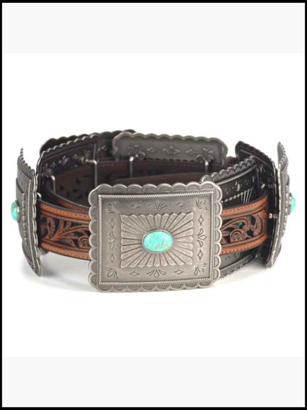 Turquoise Concho Western Belt Tooled Embroidery Wide Girth - Picture 3 of 7